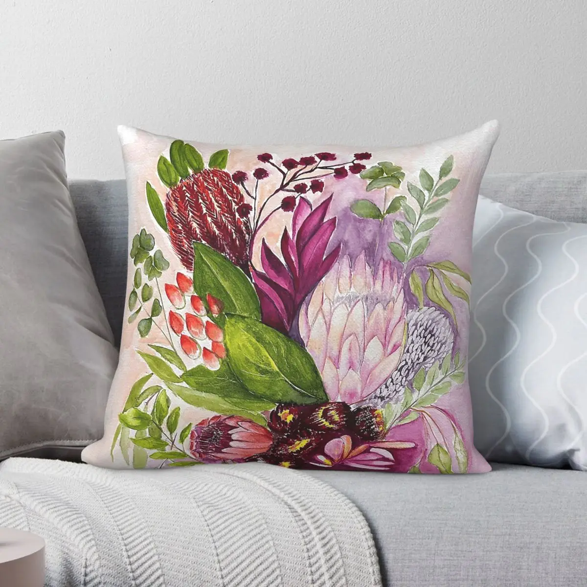 Australian Native Flower Square Pillowcase Polyester Linen Velvet Printed Zip Decor Sofa Seater Cushion Cover