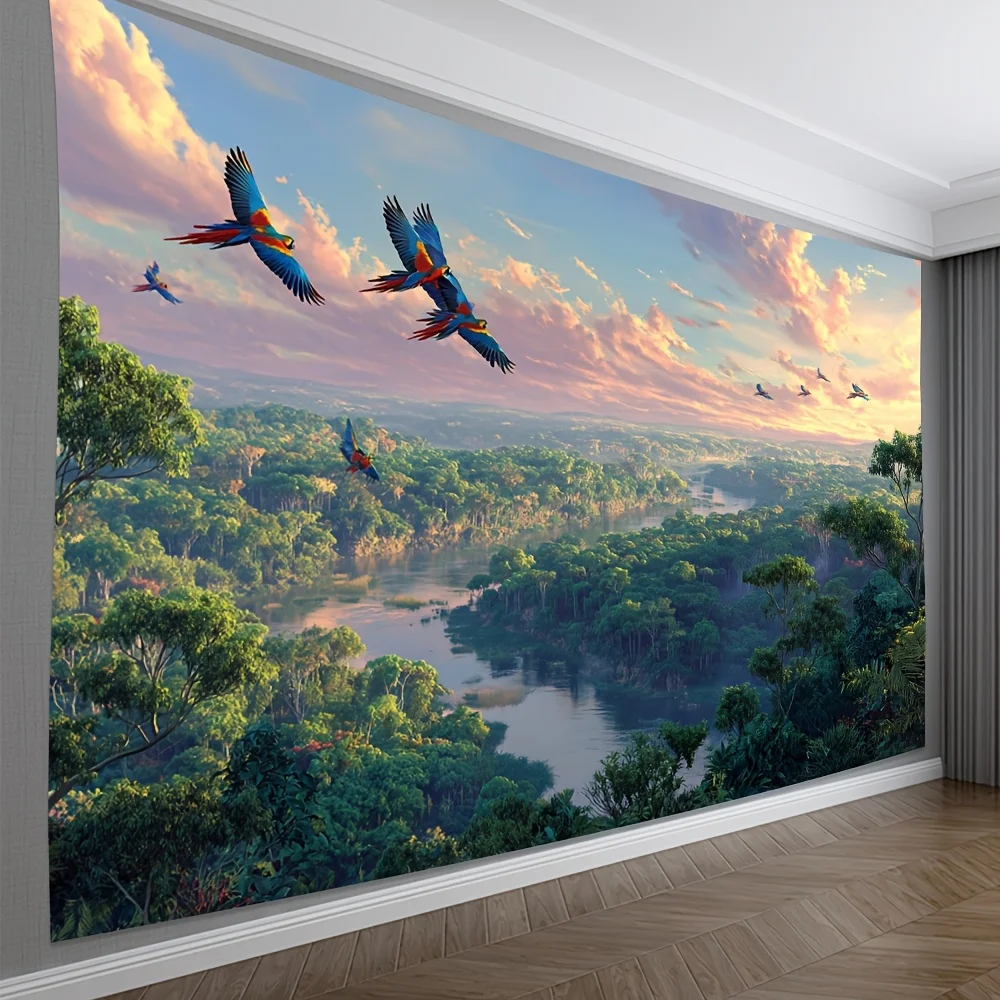 Rainforest Tapestry Macaw Flying Lush Jungle Sunset River Valley Living Room Office Tropical Decor Wall Hanging