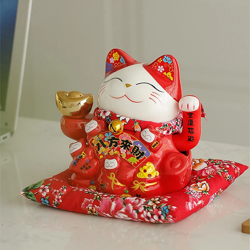 7 Inch Fortune Cat with Waving Arm Ceramic Maneki Neko Feng Shui Ornament Lucky Cat for Shops, Restaurant, Home Table Decoration