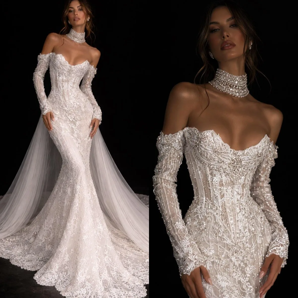 Stunning Beaded Mermaid Wedding Dresses Strapless Detachable Train Bridal Gowns Sequins Customized Vestidos De Novia