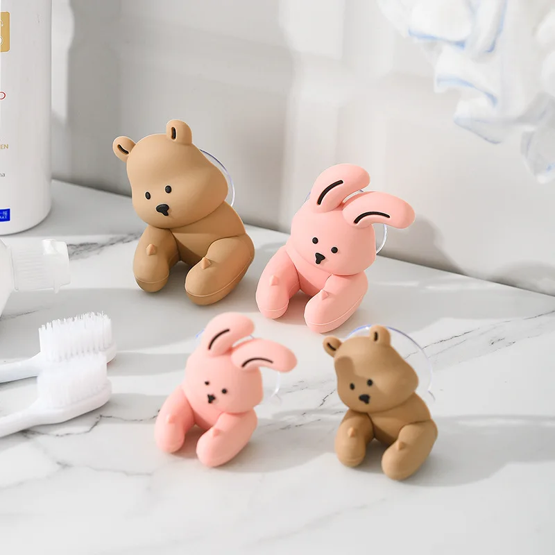 Cartoon Rabbit Toothbrush Holder Wall-mounted Suction Cup Silicone Hook Sundries Storage Rack Bathroom Accessories