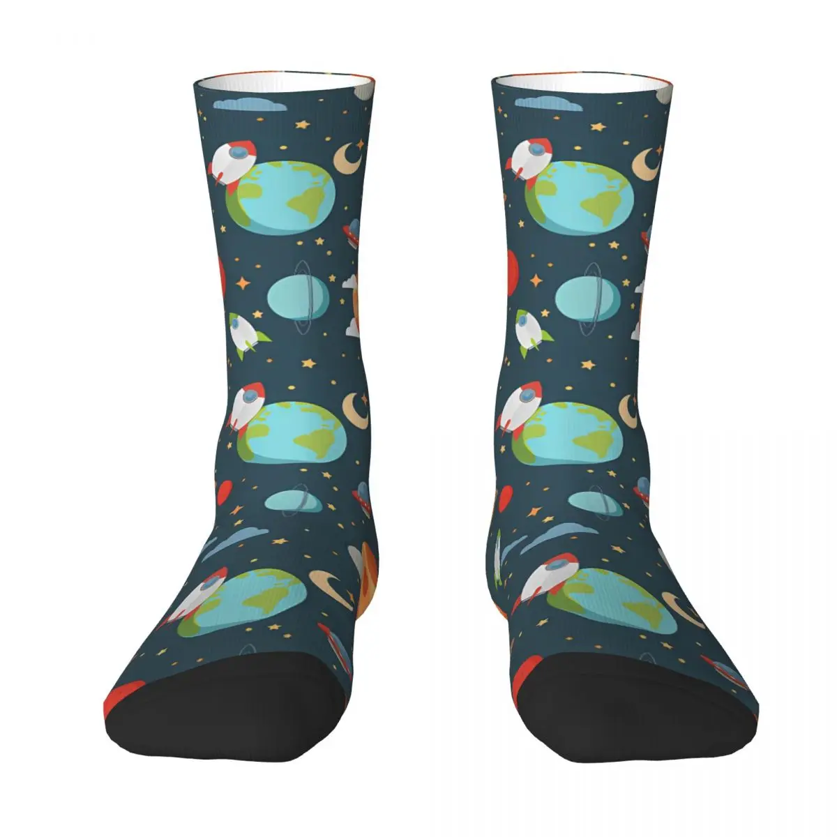 Cartoon Space With Rockets Planets Stars Socks Vintage Stockings Men Comfortable Outdoor Socks Autumn Graphic Anti Skid Socks