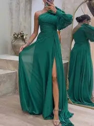 Bonboho 2024 New Solid Color Evening Dresses for Women One-shoulder Puff Sleeve High Waist Split-side Pleated Party Gowns