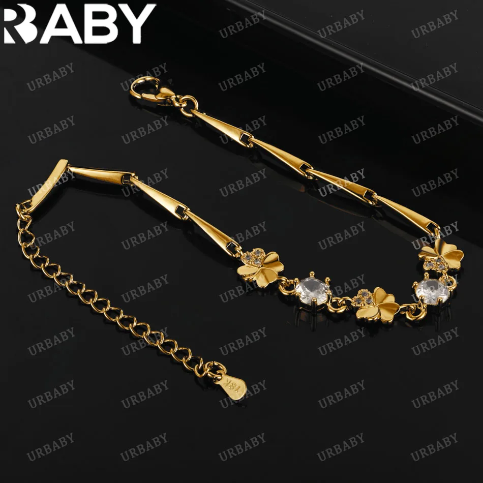 

URBABY 18K Gold Crystal Zircon Lucky Clover Bracelets For Woman Wedding Party Fine Jewelry 925 Sterling Silver Bracelet Chain