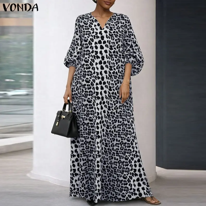 

Summer Women Long Maxi Dress Fashion VONDA 3/4 Sleeve Plus Size Dress Casual Party Leopard Print Sundress Puff Sleeve Vestidos