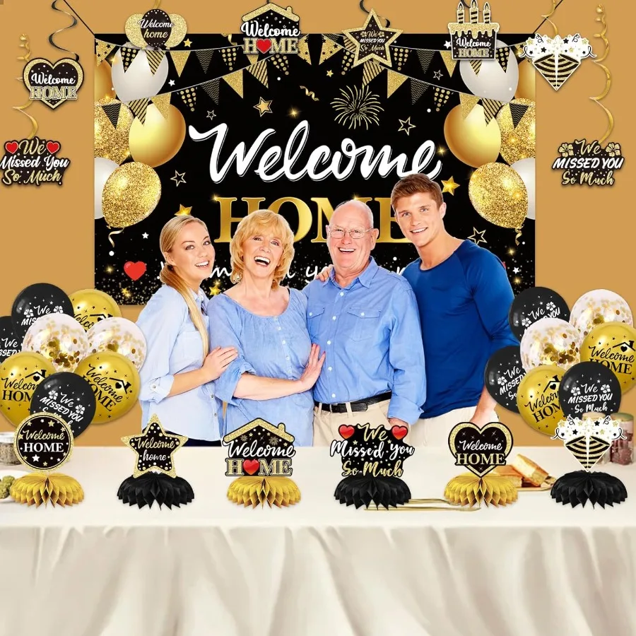 ترحيب المنزل راية الزينة30PCS الأسود والذهبي زينة الحفلات راية خلفية بالون معلق دوامة العسل المركزية