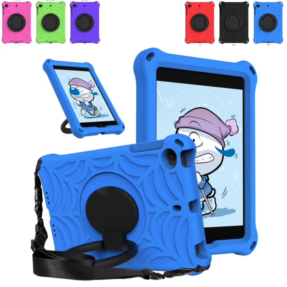 Kids Friendly Case for iPad mini 1 2 3 4 5 7.9inch EVA Cobweb Pattern Cover with 360 Degree Rotating Ring Stand & Shoulder Strap