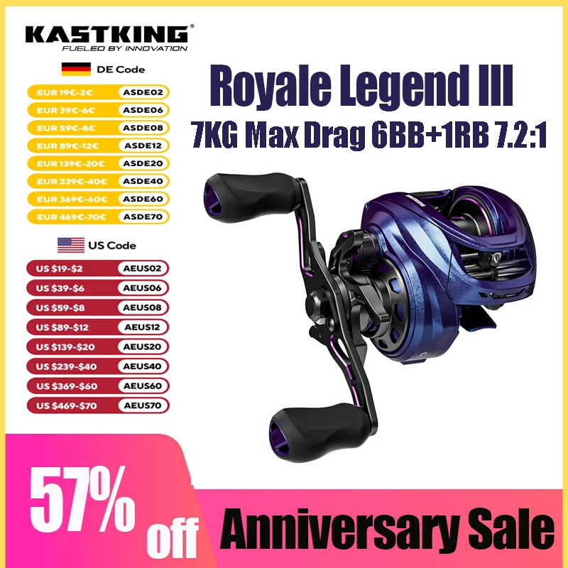 KastKing Royale Legend III Long Cast Baitcasting Reel 7KG Max Drag 6BB+1RB 7.2:1 High Speed Fishing Reel