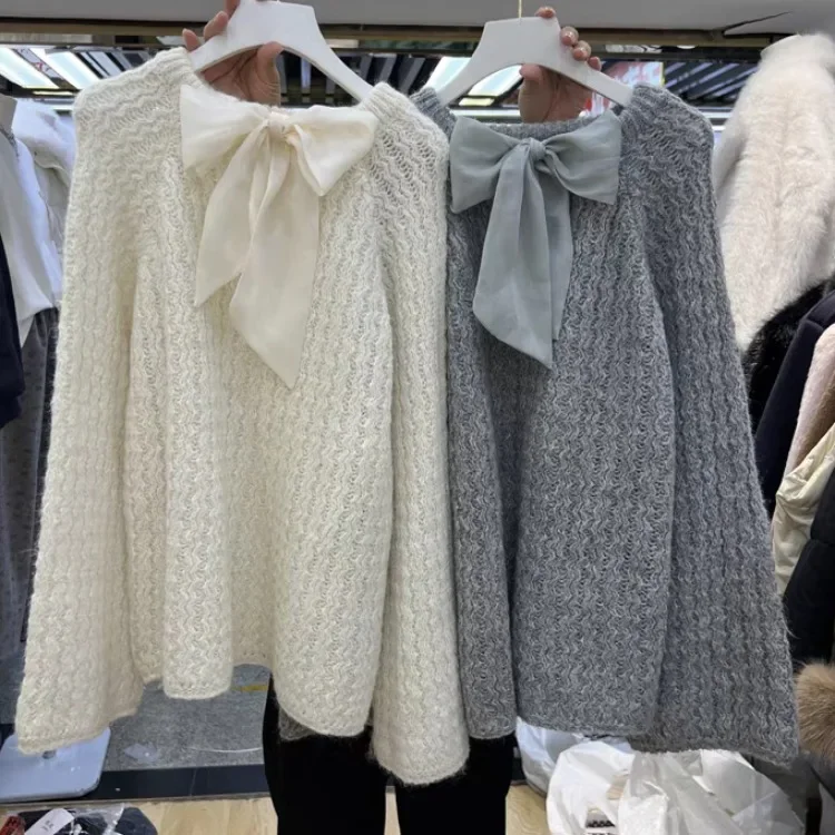 

MiiiiX Sweet Chic Bow Tie Knitted Pullover Women's Sweater Autumn 2024 New Loose Simple O-neck Versatile Knitwear Female Clothes