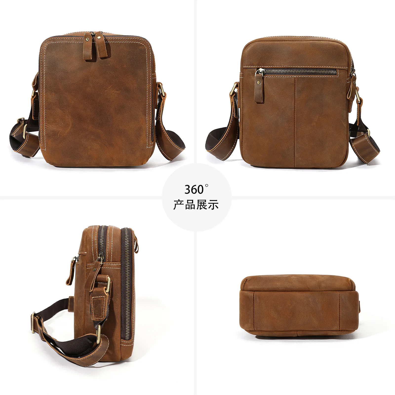 Men's Crazy Horse Genuine Leather Crossbody Bag, Vintage Horizontal Square Sling Shoulder Bag, Casual Work Daypack