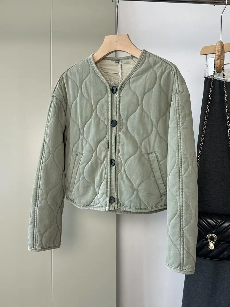 

Retro Waed Long Sve Cotton Jaet D429 Vintage Sle V-Ne Button Warm Coat for Winter Commute Regular Fit Single Button