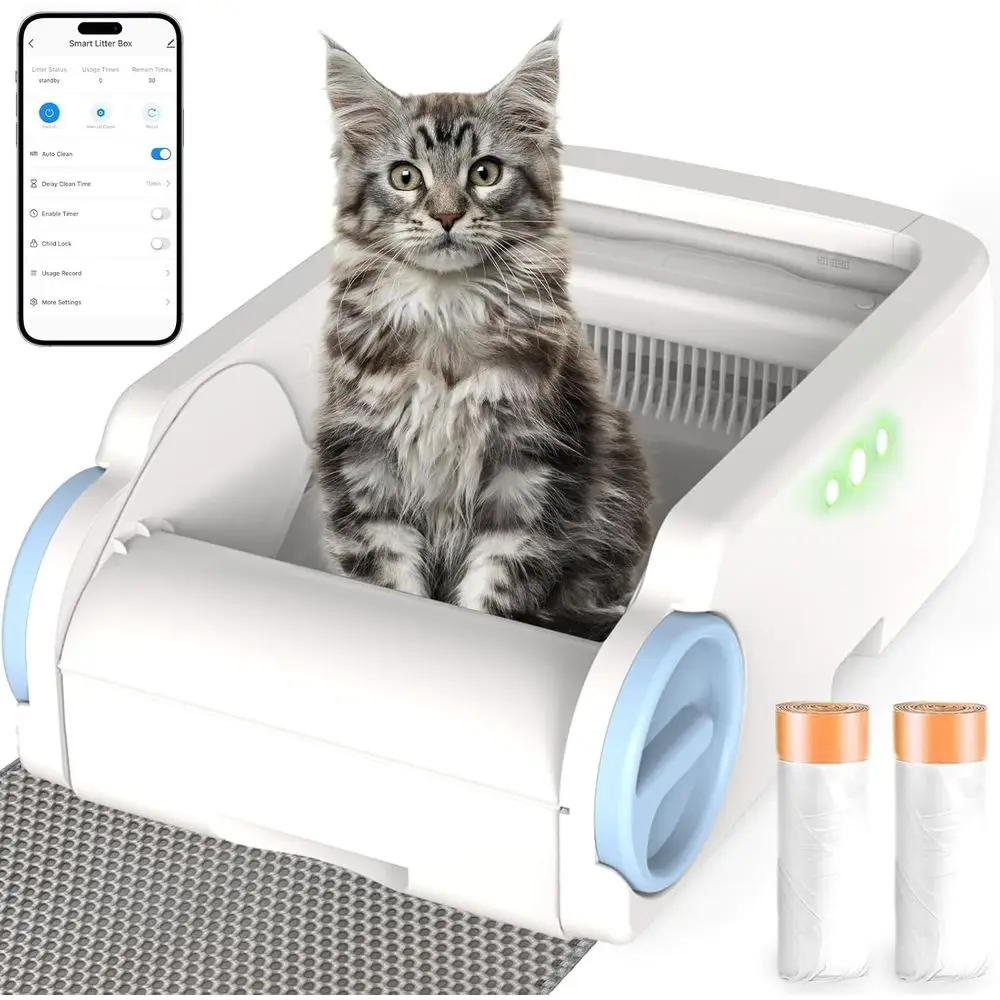 Automatic Top-Opening Cat Litter Box with App Control, Safety Sensor, Odor Control, Waste Liners & Litter Mat, White