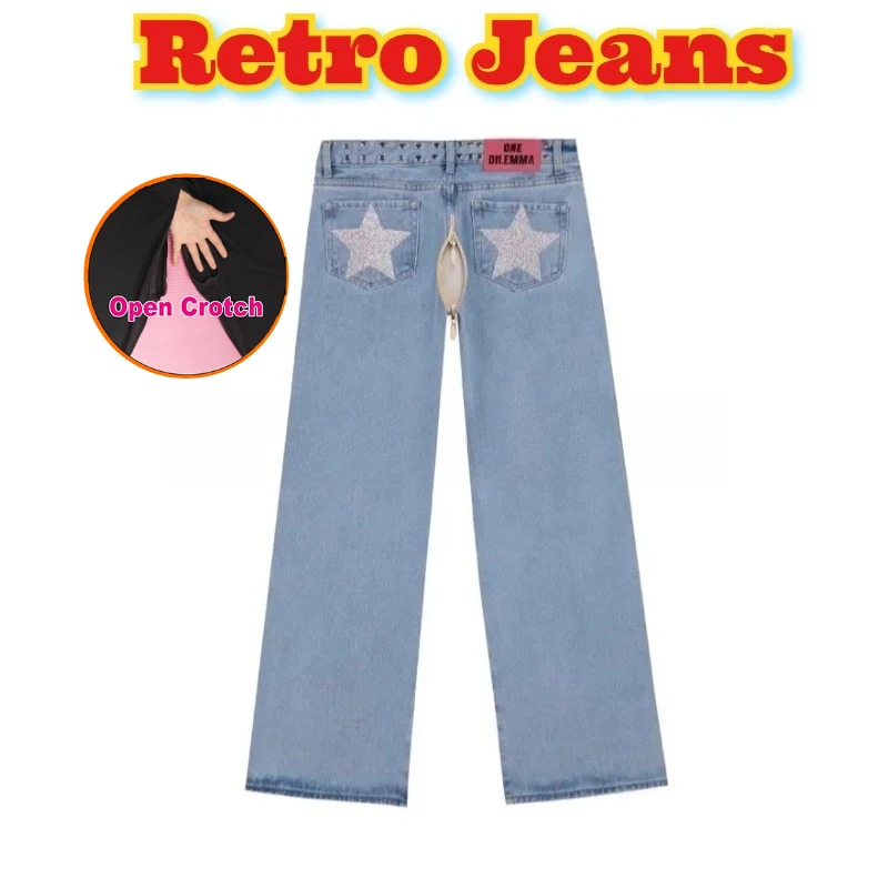 Celana wanita model terbuka seksi dengan kancing, gaya retro vintage Amerika, motif leopard dan patchwork bintang, potongan lurus longgar.