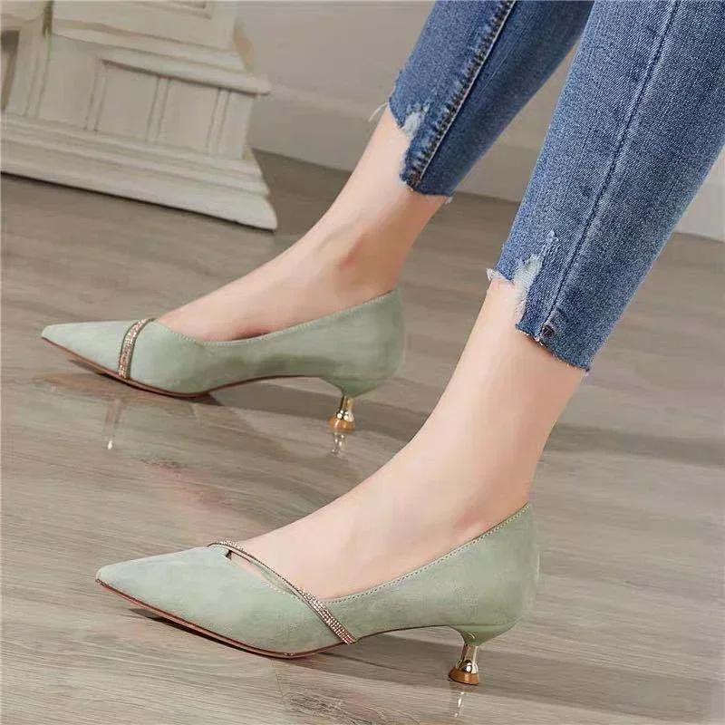 One Word Oblique Strap  New Low-heeled Shoes Women's All-match Small Fresh Rhinestone Pointed Shoes   Pumps