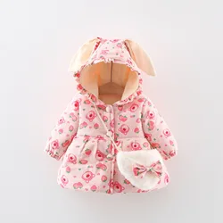 Winter Children's New Strawberry Bear Printed Cotton Clothes Thickened and Warm Long Ear Hooded Winter Gift