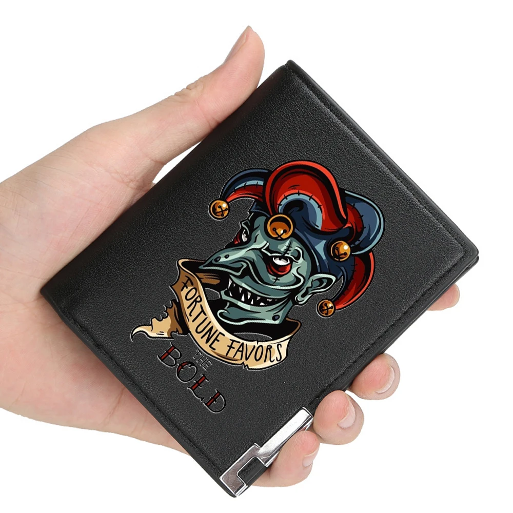 New Arrivals Fortune Favors the Bold Joker Printing Pu Leather Wallet Men Women Billfold Credit Card Holders Short Purses