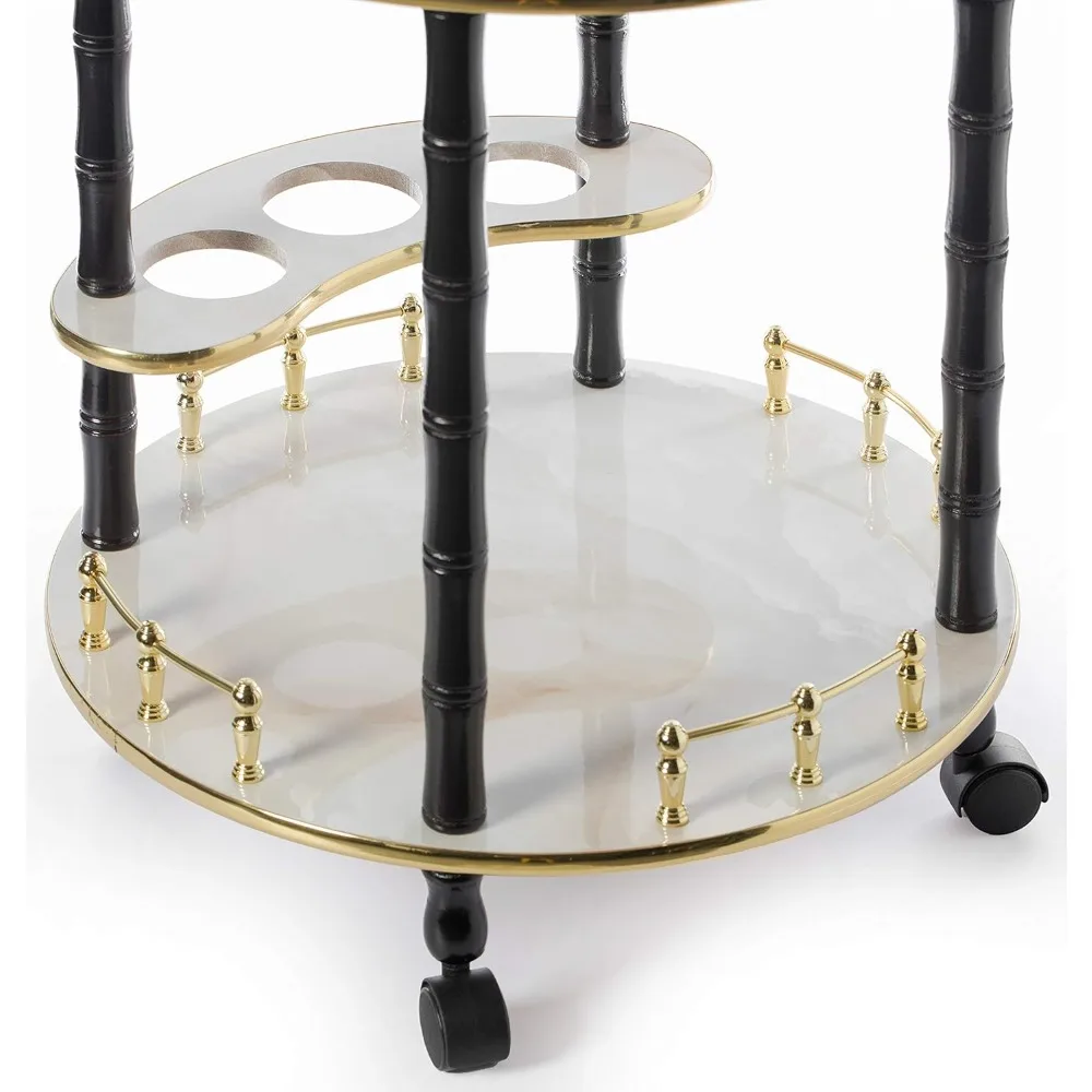 عربة تقديم خشبية مستديرة مع أرفف من طبقتين وعجلات دوارة، باللون الأبيض