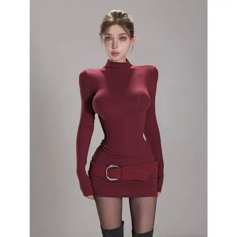 French Red Half-high Collar Belt Slim Long-sleeved Bottoming Dress Women Autumn Winter Retro Street Sexy Elastic Hip Skirt