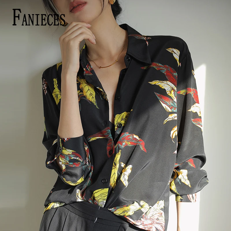 Fanieces vintage feminino chiffon camisas primavera verão manga longa moda impressão preto camisa feminina casual topos elegante streetwear