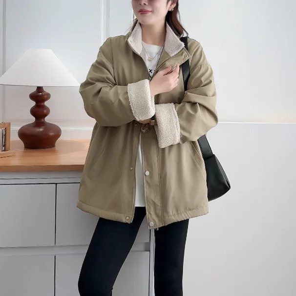 XXXXL موضة حجم كبير سترات نسائية شتوية جديدة غير رسمية بياقة واقفة جاكيت من الصوف معاطف متوسطة الطول 691 #2