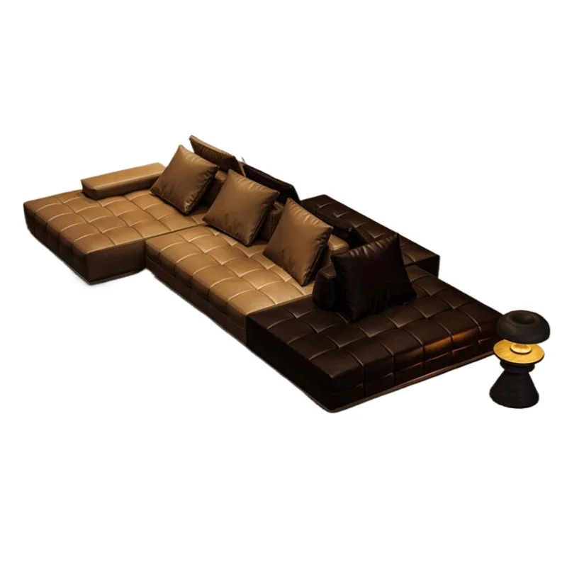 Color-blocked genuine leather sofa, first-layer cowhide large flat horizontal hall, no wall against walls, double-sided module