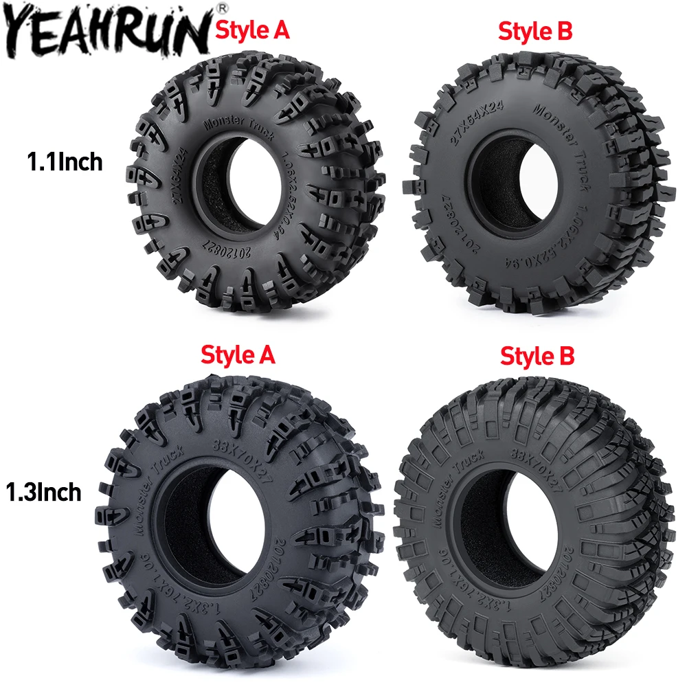 Yeahrun 4 pneus de borracha de 1.3 ", pneus de roda de terreno de lama de 1.1 unidades para peças 1/18 1/24 micro crawler trx4m axial scx24 fms fcx24