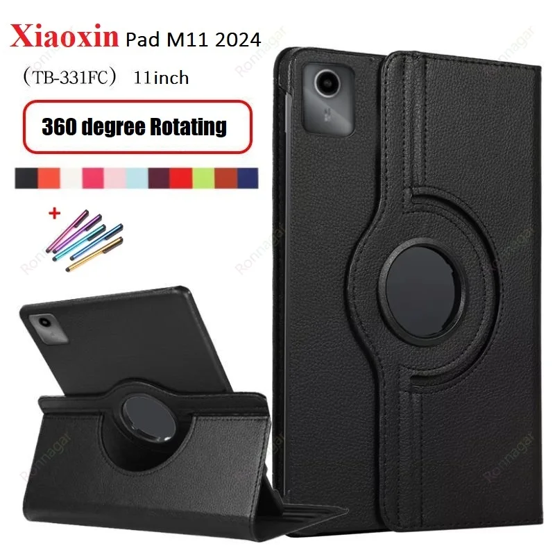 Case for Lenovo Xiaoxin Pad 2024 (11 Inch) PU Leather 360 Degree Rotating Stand Cover for Lenovo Tab M11 TB-330FU Auo Sleep Wake 