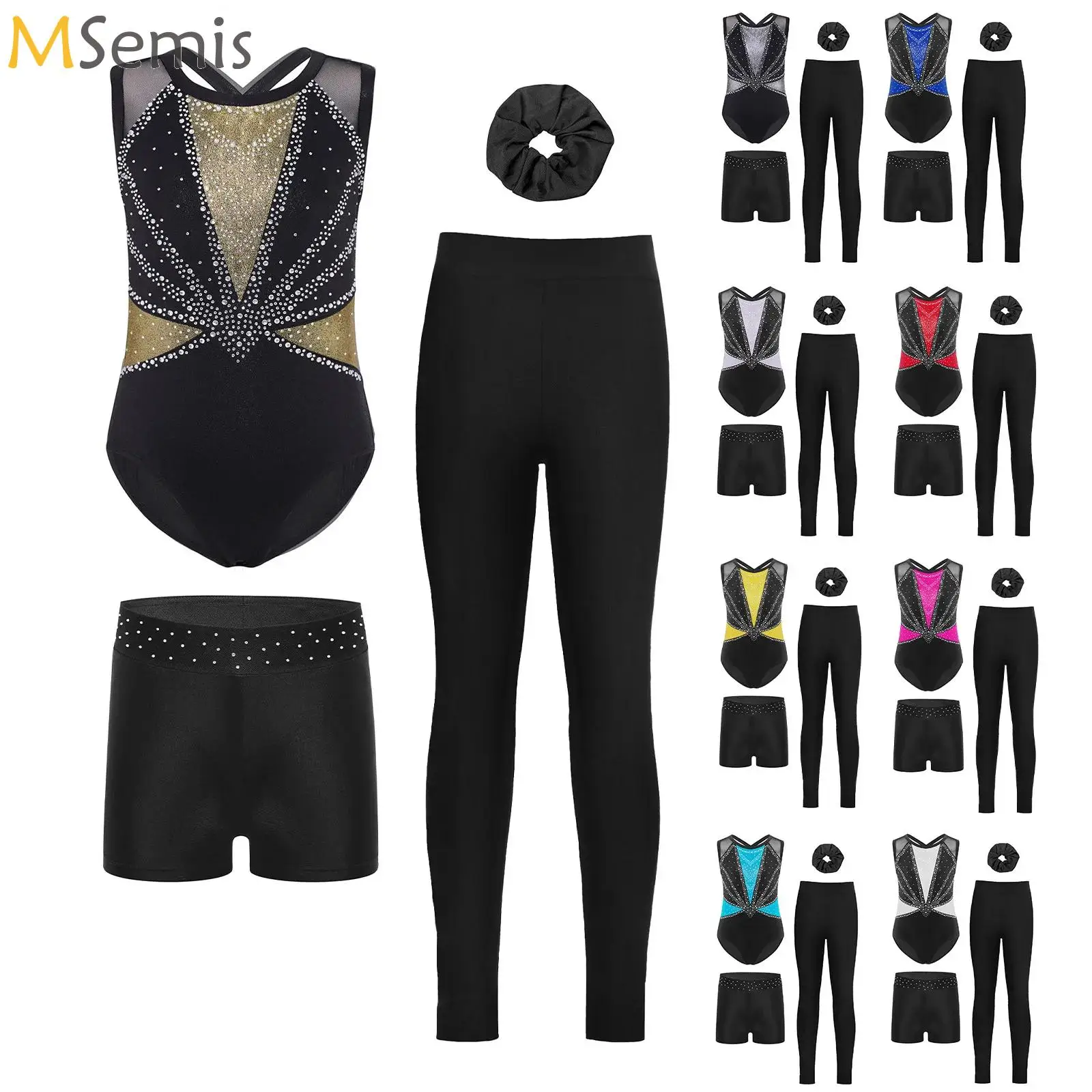 

Kids Girl Dance Leotard Skating Gymnastic Costume Outfit Sleeveless Patchwork Rhinestones Bodysuit with Leggings Shorts Hairband