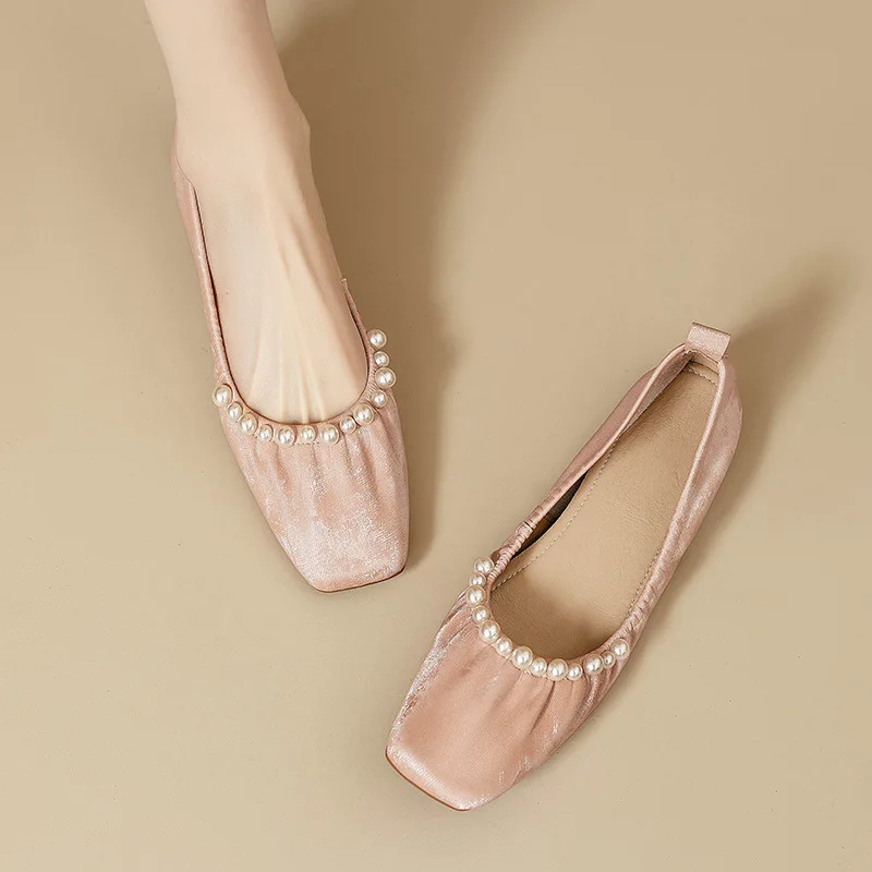 Beadi-zapatos planos de tacón bajo para mujer, calzado con perlas decorativas, con cordón de goma PU