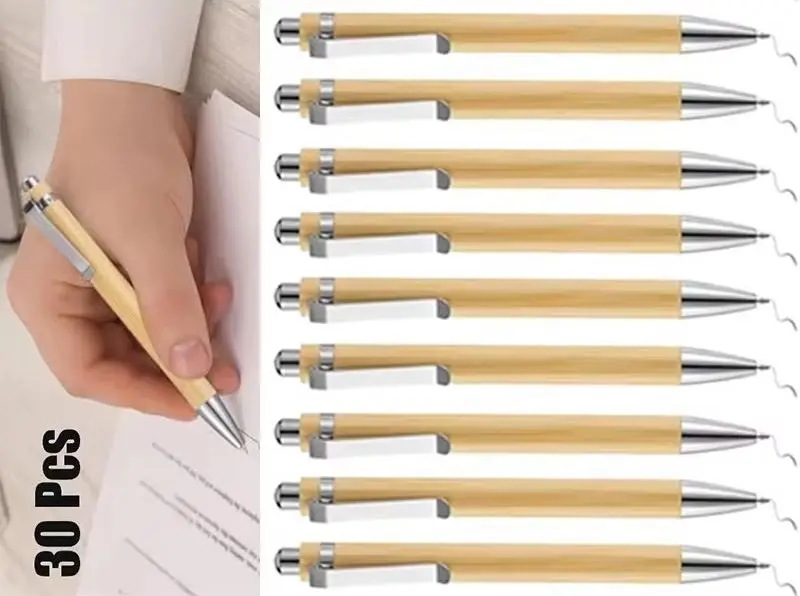 300Pcs Retractable Eco Bamboo Ball Pens, Natural Bamboo Body Press Signature Pens with Anti-Lost Metal Clip