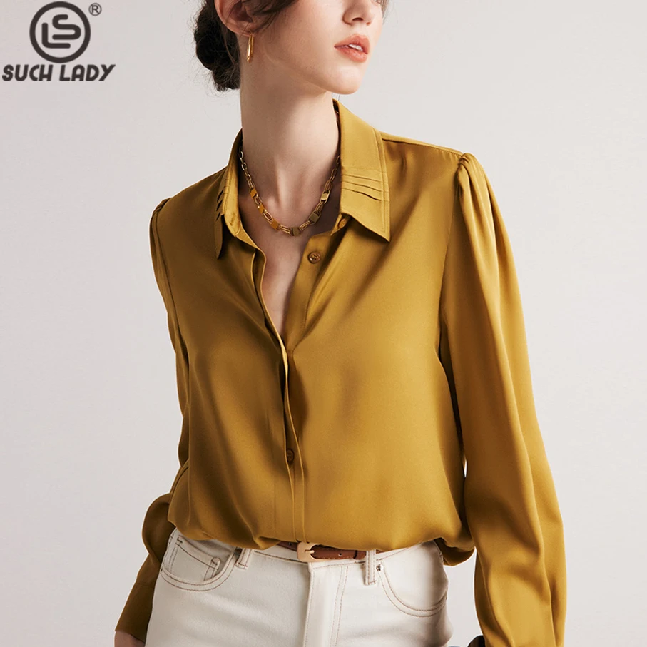 90% Natural Heavy Silk 10% Spandex Women's Shirt Turn Down Collar Long Sleeves Elegant Fashion Office Lacy Blouse Tops