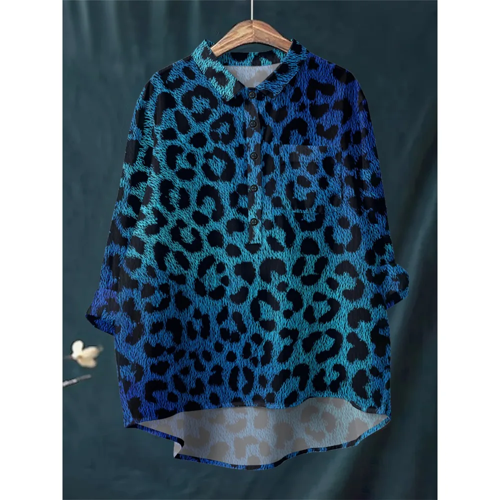 

Женская синяя рубашка большого размера с леопардовым принтом, повседневная свободная блузка с длинным рукавом и воротником на пуговицах, удобные топы с карманами