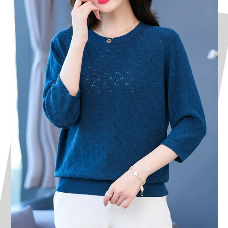 Spring Autumn Women Clothing Hollow Out T-shirt Elegant Vintage Solid Tees Female New 3/4 Sleeve Pulover Fashion Casual Tops 6XL