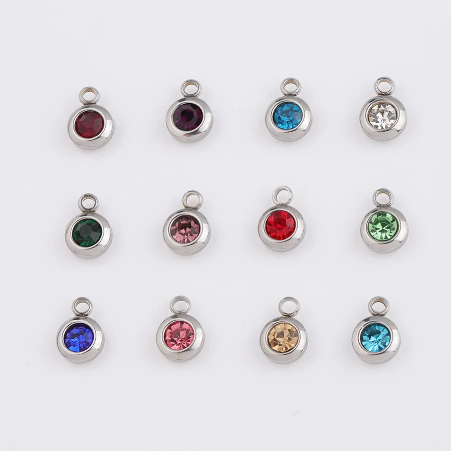 

60Pcs/Lot 6.5mm Steel Color Colorful Crystal Birthstone Charms Stainless Steel For DIY Making Bracelet Necklace Jewelry