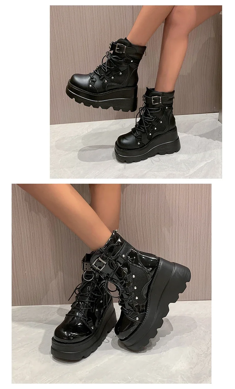 Damenstiefel 2024, Herbst-Damen-Stiefeletten, Plateau-Keile, hohe Absätze, kurze Stiefel, neues Modedesign, Reißverschluss, Cosplay-Schuhe der Frauen – Detail 15