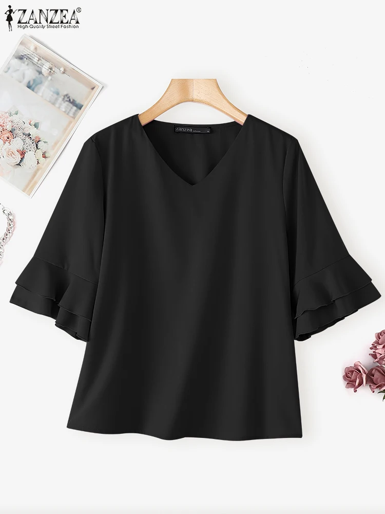 Fashion Women Tunic Tops 2025 ZANZEA Autumn Solid Color Blouse Elegant V-Neck Casual Shirts 3/4 Flare Sleeve Loose Korean Blusas
