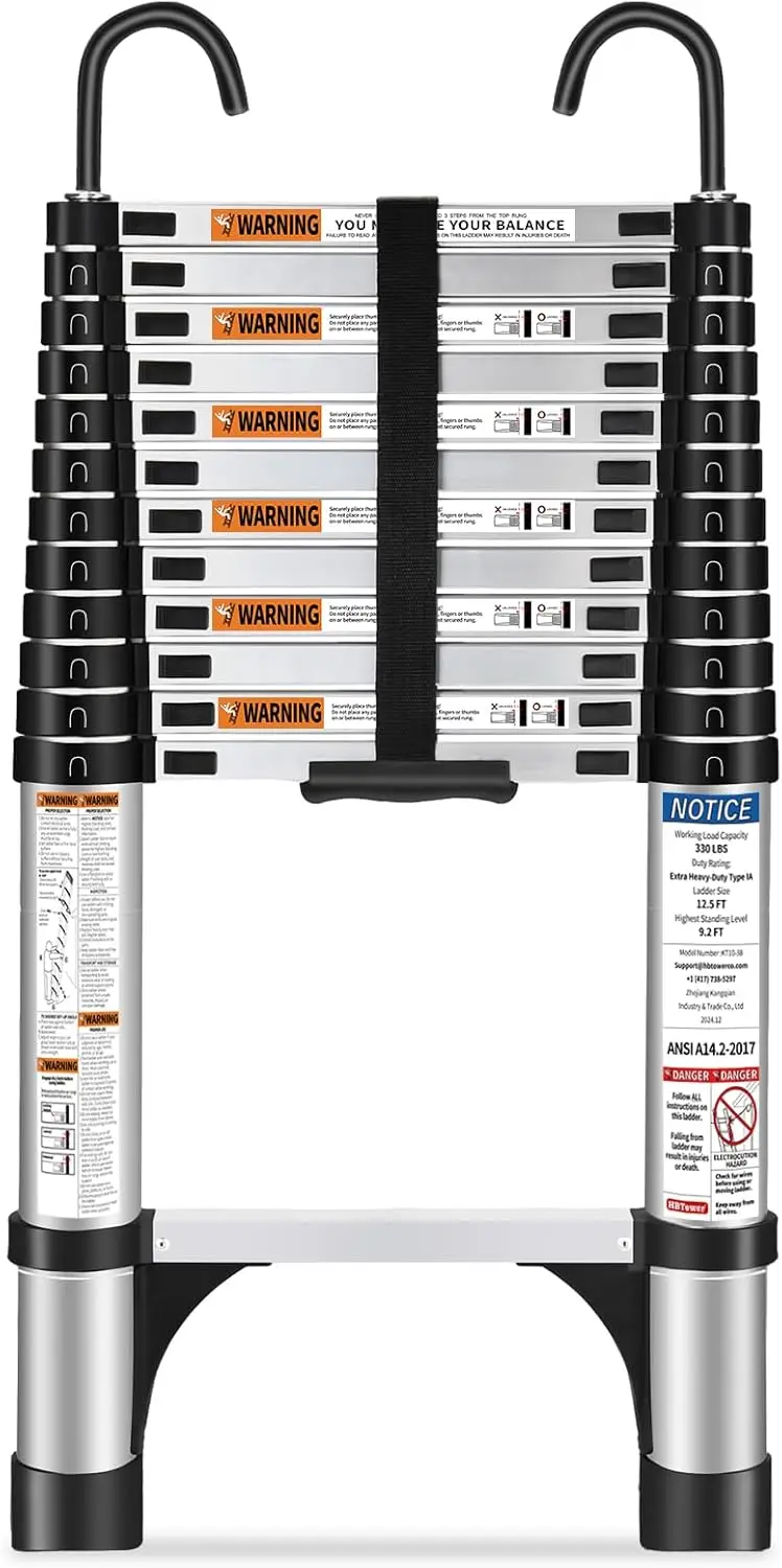 3,8m Teleskopleiter aus Aluminium mit Haken, Leichte Ausziehleiter, Ausziehbare Leiter, Klappbare Leiter für Dachböden, Wohnwagen