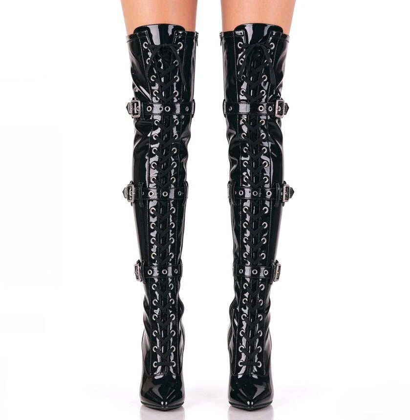 Sexy Stage Woman Patent Leather Three Buckle Strap Thigh Boots 12Cm High Heels Pointed Toe Over Knee Botas Woman Knight Shoes
