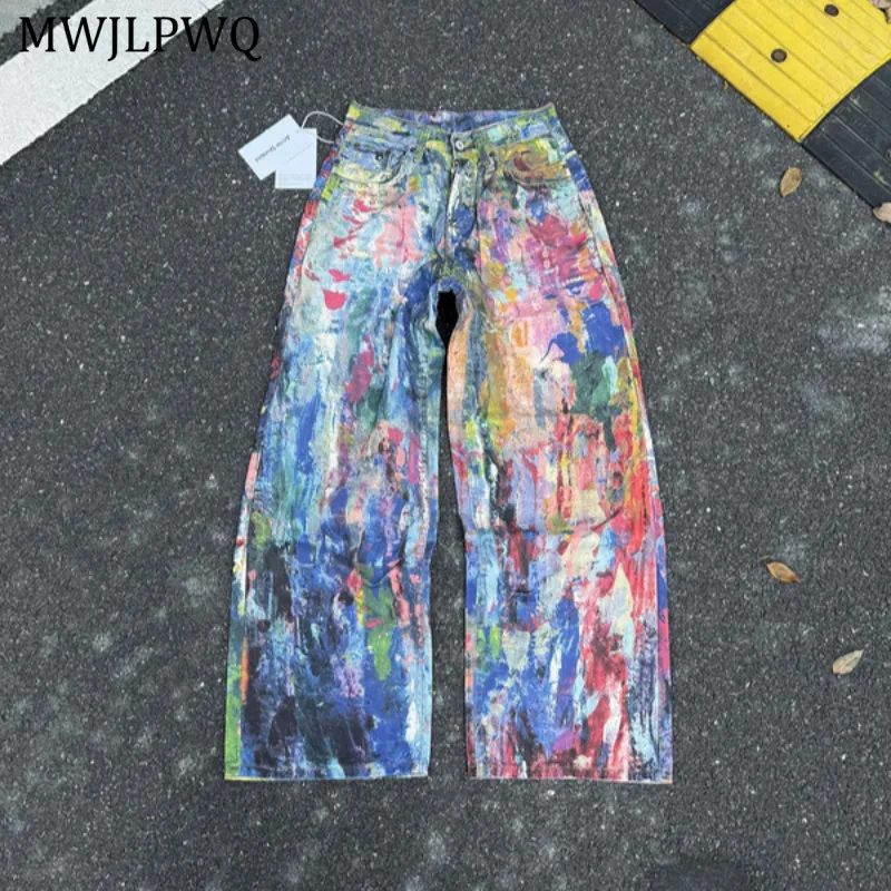 

MWJLPWQ Colorful Printed Design Hiphop Jeans Men's High Street Niched Wide Leg Pants Loose Casual Unisex Couple Trousers 11241