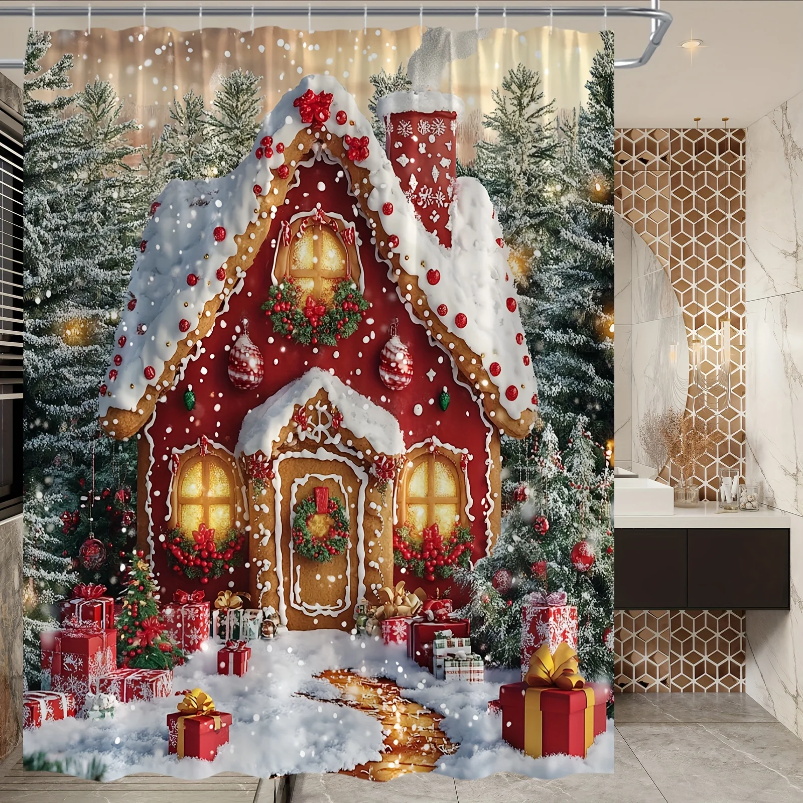Festive Gingerbread House Christmas Shower Curtain - Polyester, Holiday Forest Scene with Snowy Pine Trees
