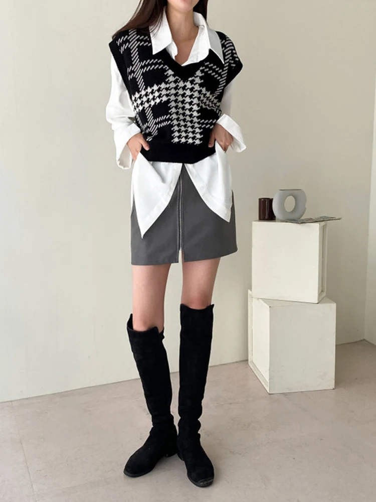 

Вязаный жилет премиум-класса, женский корейский жилет с V-образным вырезом, свободный крой, многослойный топ, осень-зима, Новое поступление, ретро-дизайн