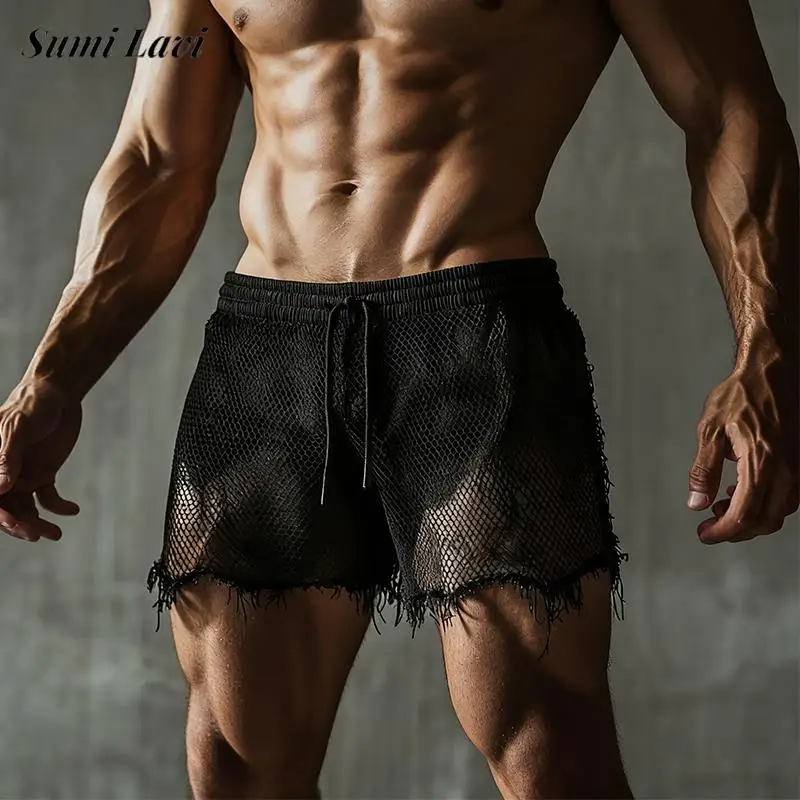 

Spring Summer Sports Mesh Shorts Men's Fashionable Hollow Out Transparent Bottoms For Men Sexy See Through Lace Shorts