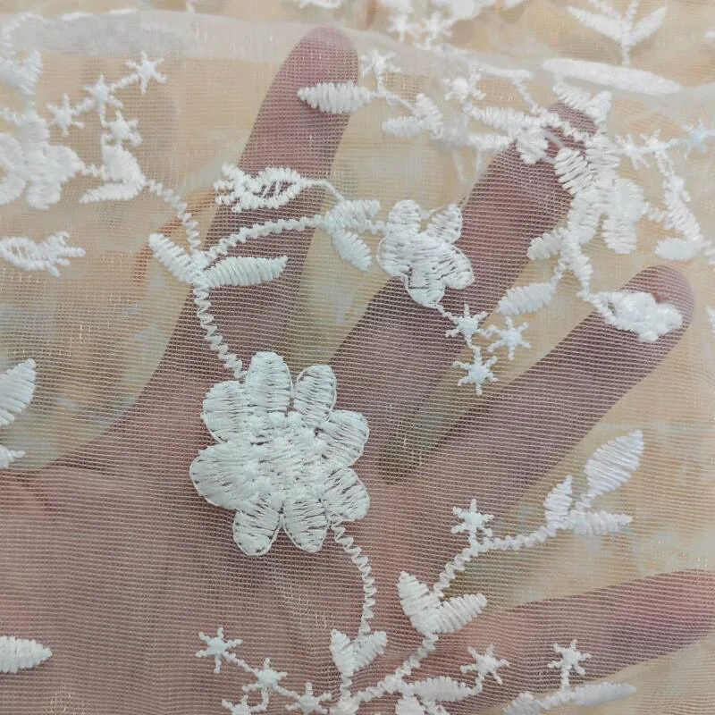 Embroidered Flower White Lace Fabric, Quality Blossom Tulle, For Summer Haute Couture Design And Bridal Wedding Accessories