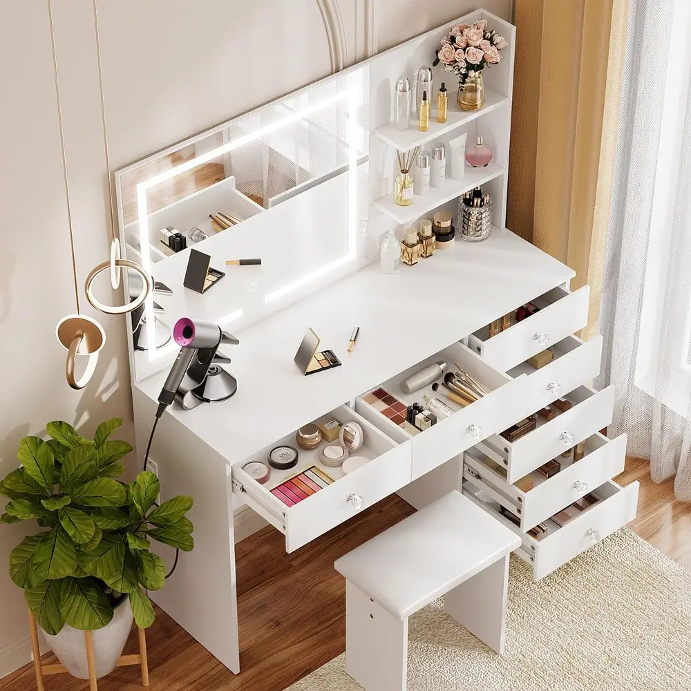Black Vanity Desk, Vanity Mirror with Lights, Makeup Desk with Stool, Makeup Table with Large Storage Drawers and Shelves, Time view 4