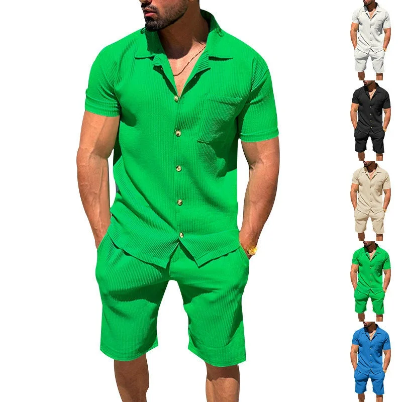 

New Men's Collared Open Cardigan Short Sleeve 2-Piece Set Summer Pure Color Vertical Stripes Shorts T-Shirt Casual Wear
