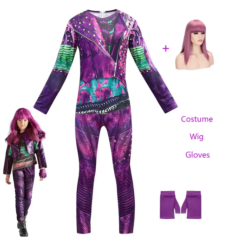 Descendentes 3 trajes Evie Cosplay com peruca e luvas para meninas, macacões infantis, festa de carnaval, Halloween