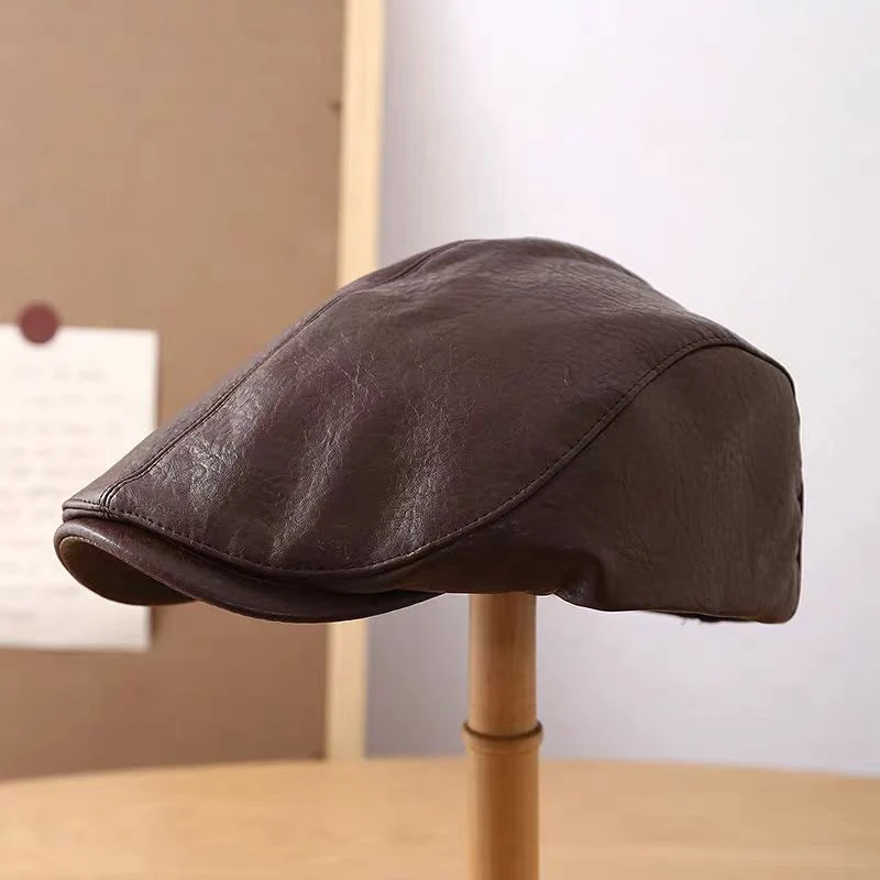 Affordable High-quality PU Leather Classic Retro Beret Hat Men Economical British Style Visor Grain Leather Fashion Newsboy Hat