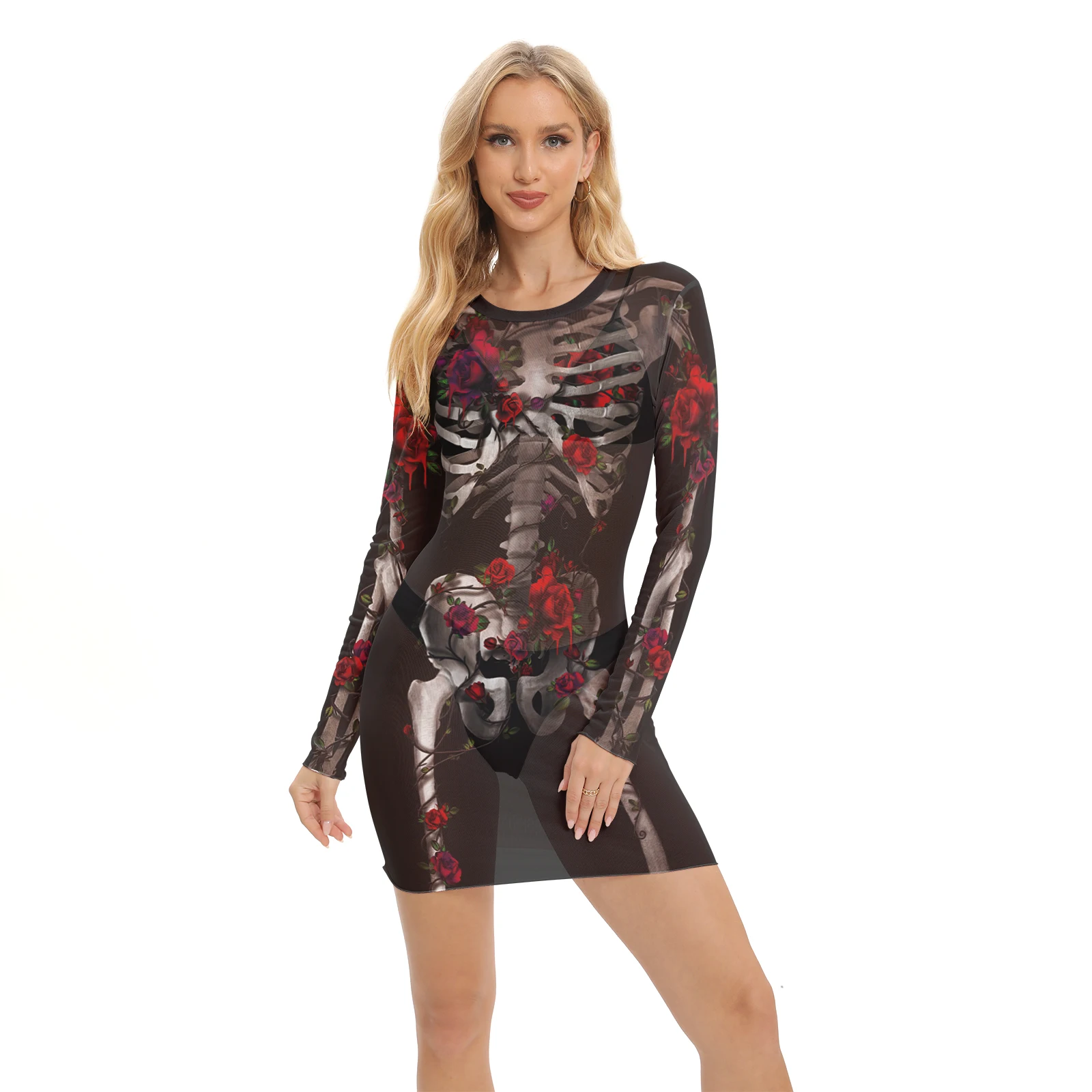 Vestido Visual de malla con estampado 3D de calavera para mujer, disfraz de Cosplay, vestido de fiesta, vestido Sexy para vacaciones de Carnaval y Halloween