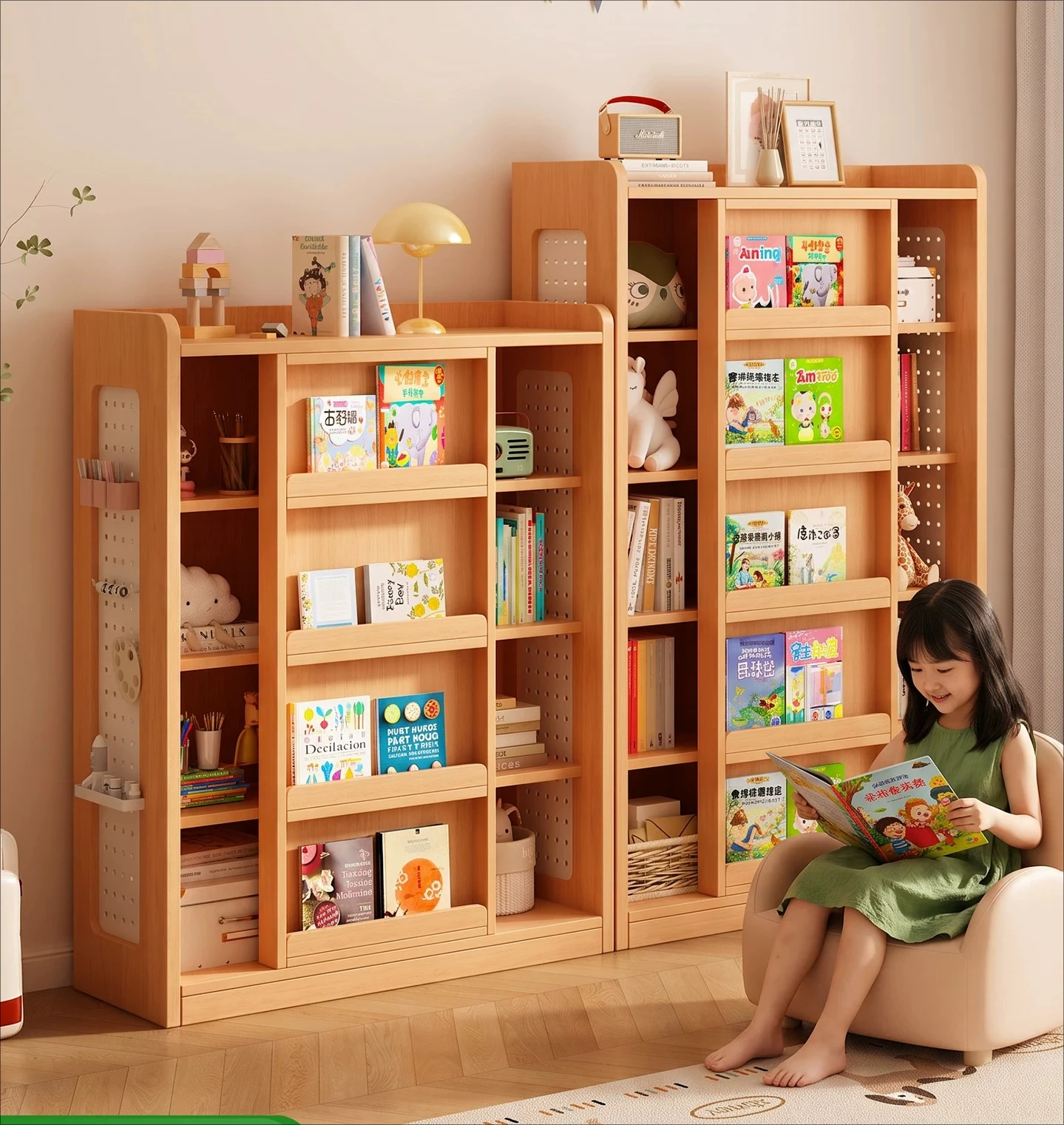Solid wood picture books, toys, baby push-pull bookcases, children's bookshelves, floor-to-ceiling living room integrated agains