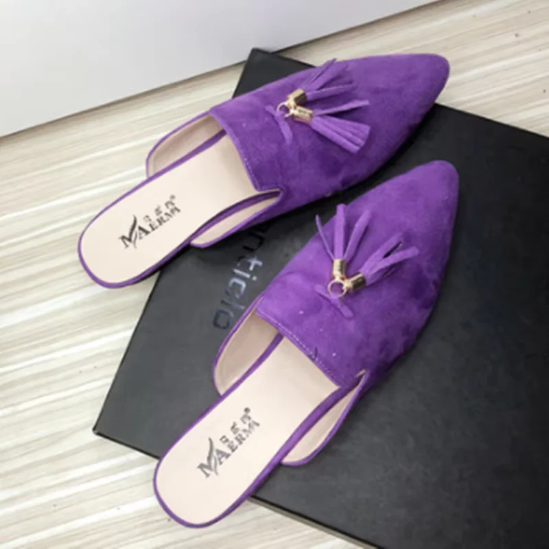 Women Metal Fringe Slippers Flock Shoes Front Closed Toe Khaki Purple Slide For Small And Wide Feet 44-33 22cm Comfortable Tacon